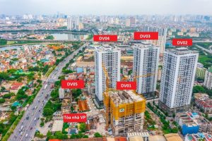 Toàn cảnh các tòa DV1–DV5 tại dự án Rose Town 79 Ngọc Hồi