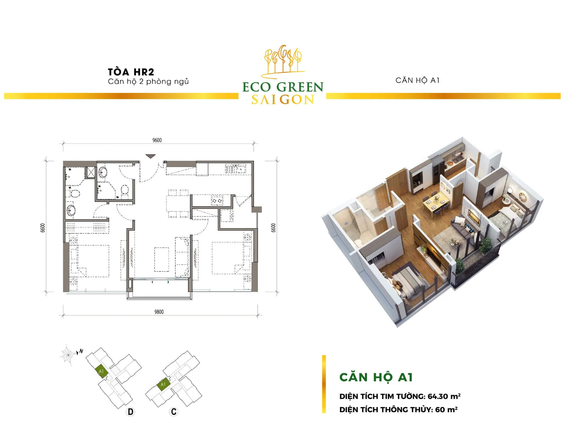 Layout căn A1 toà hr2 dự án EcoGreen