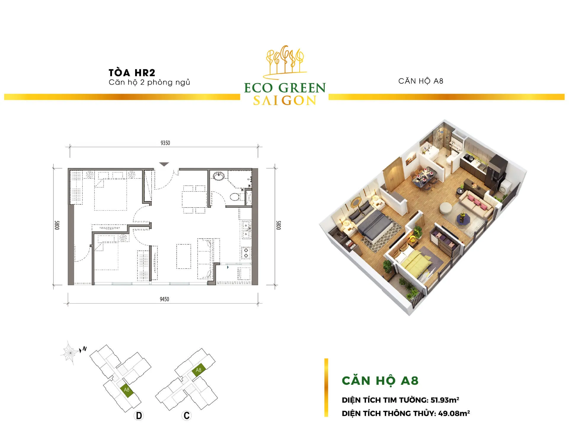 Layout căn A8 toà hr2 dự án EcoGreen