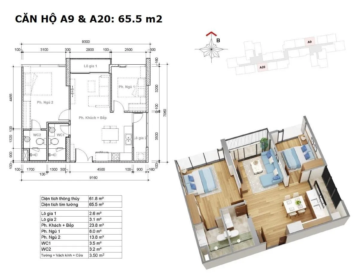 Layout căn A9 và A20 toà hr3 dự án EcoGreen