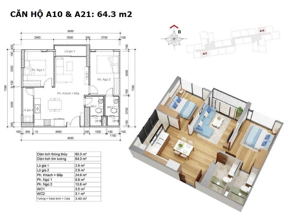 Layout căn A10 và A21 toà hr3 dự án EcoGreen