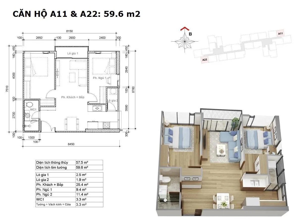 Layout căn A11 và A22 tòa hr3 dự án EcoGreen
