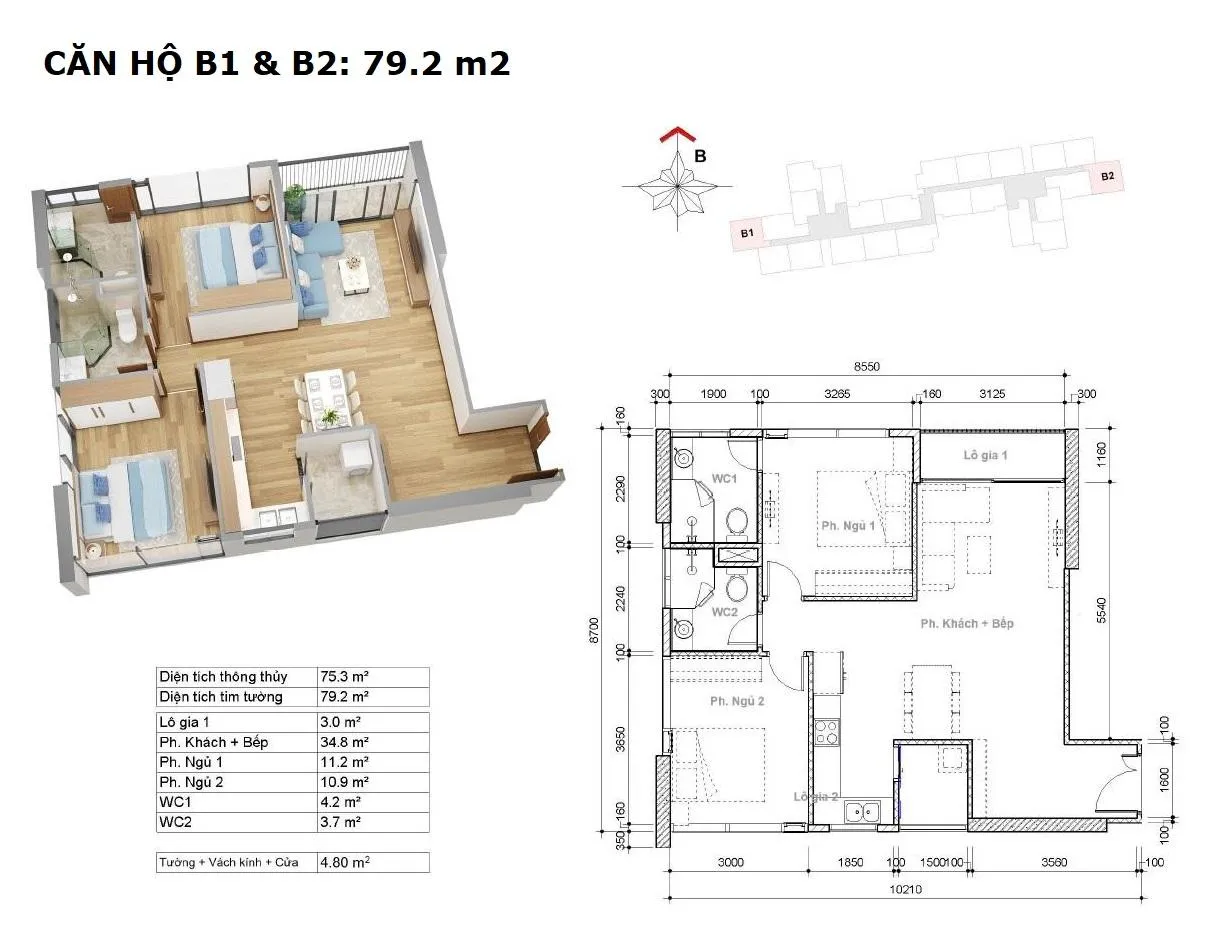 Layout căn B1 và B2 tòa hr3 dự án EcoGreen
