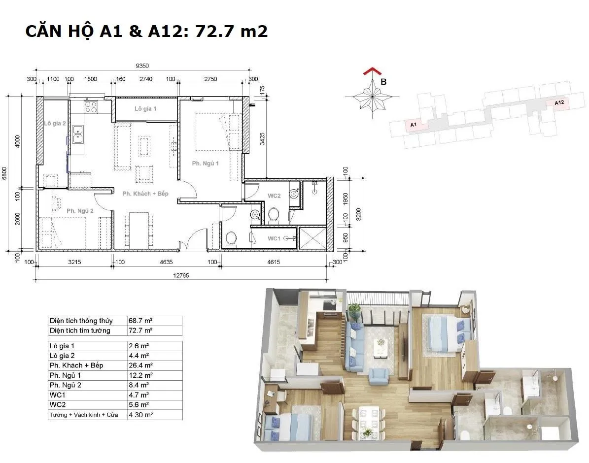 Layout căn A1 và A12 toà hr3 dự án EcoGreen