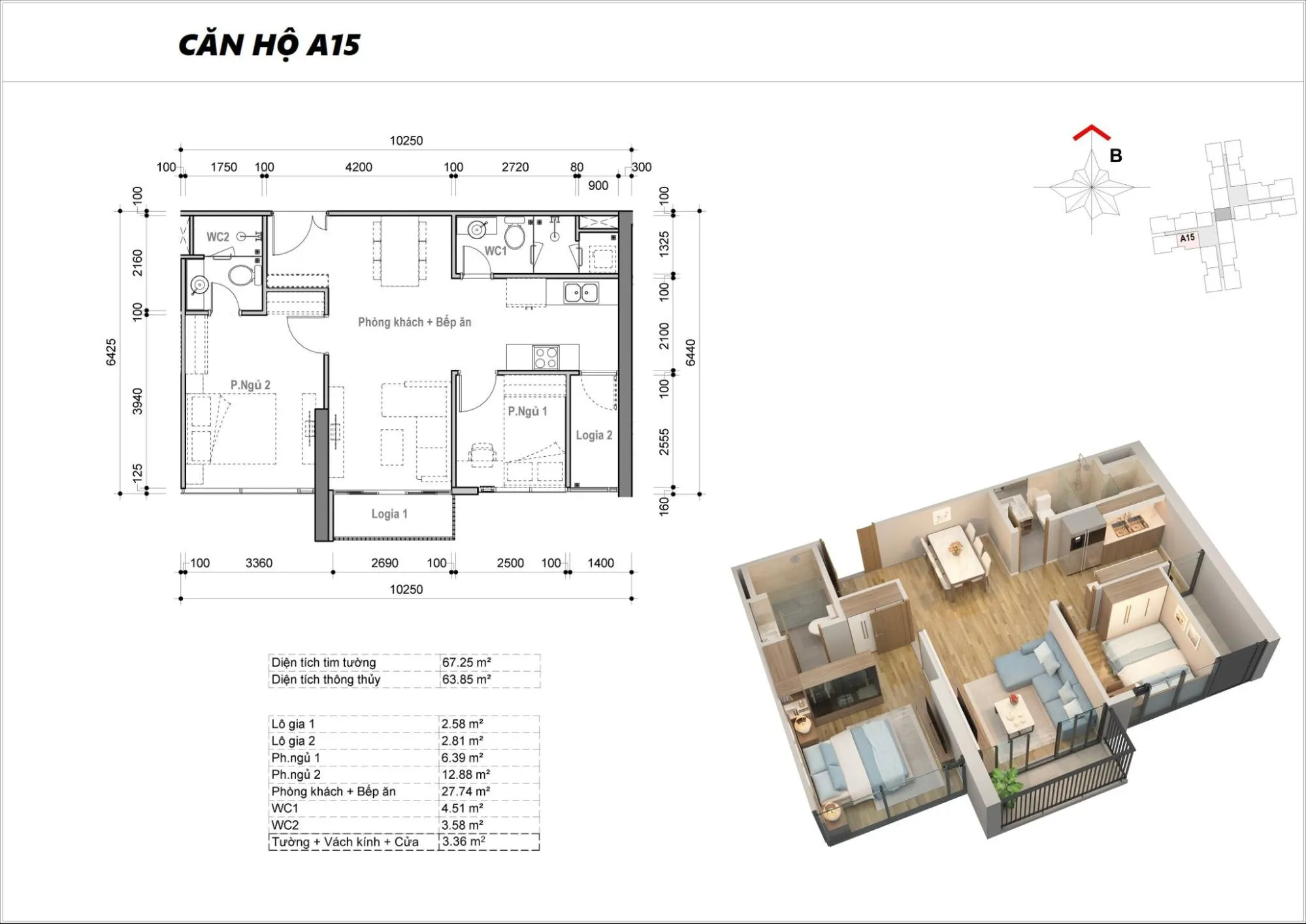 Layout căn A15 toà M2 dự án Eco Green Sài Gòn
