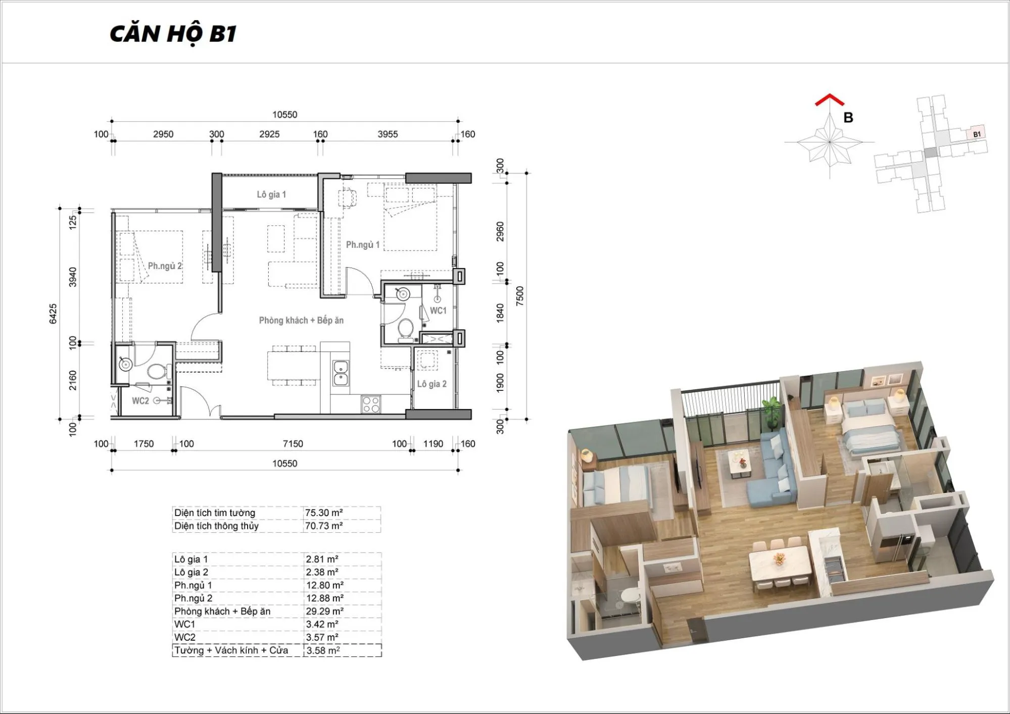 Layout căn B1 toà M2 dự án Eco Green Sài Gòn